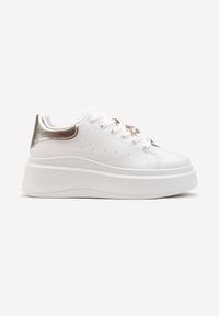 Renee - Biało-Złote Sneakersy na Grubej Podeszwie Celessi. Kolor: biały. Materiał: jeans #3