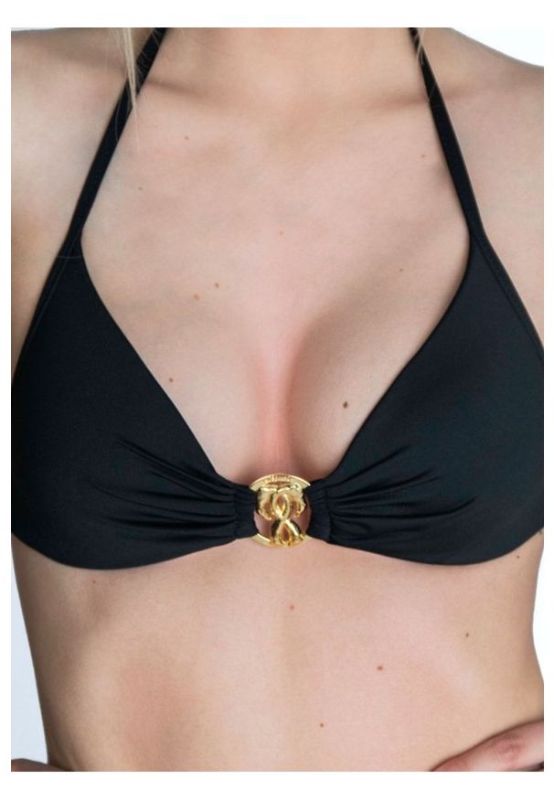 MOSCHINO SWIM Góra od bikini złote metalowe logo, Rozmiar XS. Kolor: czarny. Materiał: poliamid, materiał. Wzór: gładki