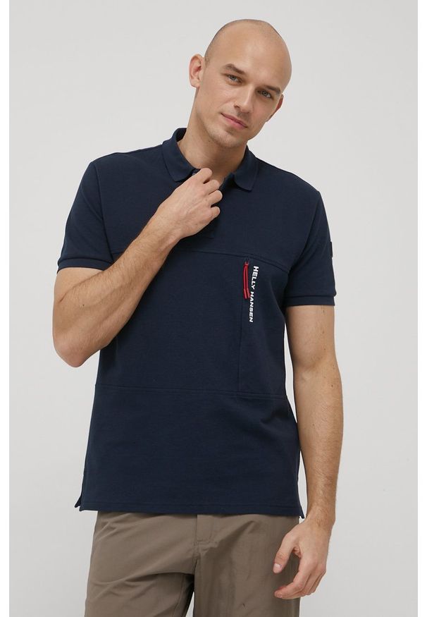 Helly Hansen polo bawełniane kolor granatowy z nadrukiem. Typ kołnierza: polo. Kolor: niebieski. Materiał: bawełna. Długość: krótkie. Wzór: nadruk