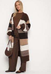 Born2be - Brązowy Długi Kardigan Ażurowy w Paski z Domieszką Wełny i Wiskozy Ilomine. Okazja: na spotkanie biznesowe, na co dzień. Kolor: brązowy. Materiał: wiskoza, wełna. Długość: długie. Wzór: ażurowy, paski. Styl: casual, biznesowy #5
