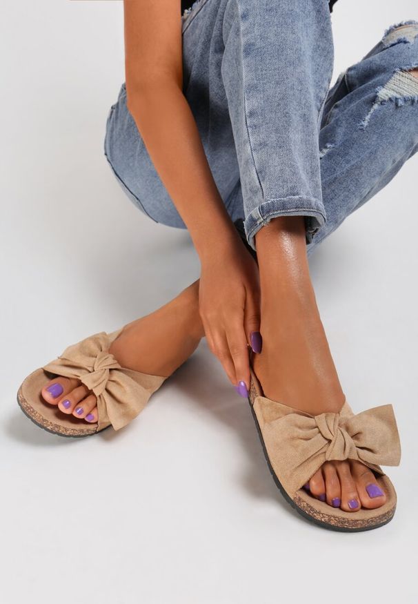 Renee - Ciemnobeżowe Klapki Physaliphis. Okazja: na co dzień. Kolor: beżowy. Materiał: jeans. Wzór: aplikacja, gładki. Styl: casual