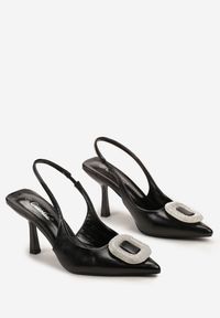 Renee - Czarne Wsuwane Sandały na Geometrycznej Szpilce z Klamerką z Cyrkoniami Prida. Nosek buta: szpiczasty. Zapięcie: bez zapięcia. Kolor: czarny. Wzór: geometria. Obcas: na obcasie. Styl: wizytowy. Wysokość obcasa: średni #4