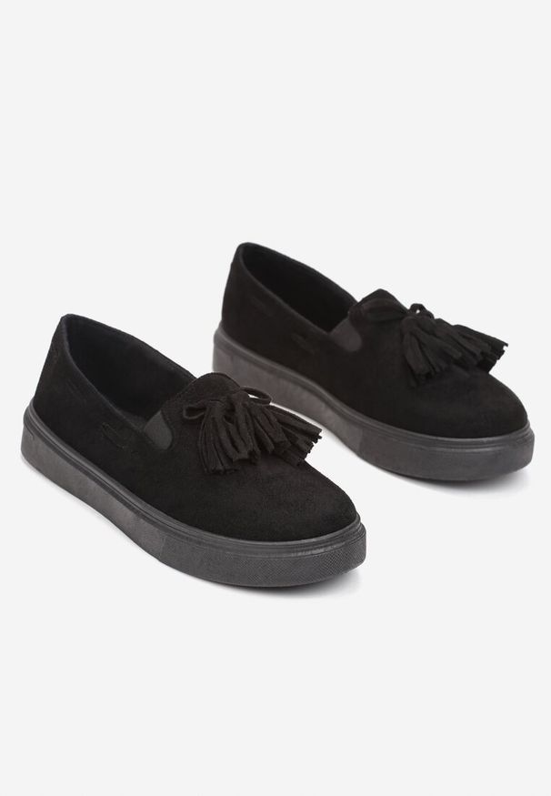 Renee - Czarne Półbuty na Platformie z Frędzlami i Elastycznymi Wstawkami Fioled. Okazja: na co dzień. Nosek buta: okrągły. Kolor: czarny. Materiał: skóra, jeans, materiał. Sezon: jesień, wiosna. Obcas: na platformie. Styl: klasyczny, casual, elegancki. Wysokość obcasa: niski