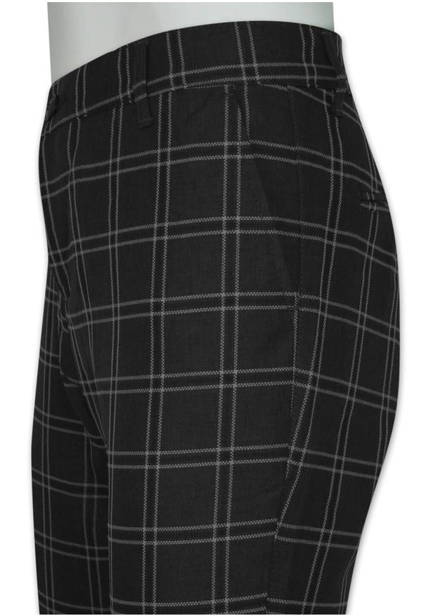 Rigon - Spodnie Męskie, Czarne w Kratkę, z Mankietami, Casualowe, Zwężane, Chinosy z Elastanem -RIGON. Okazja: na co dzień. Kolor: czarny. Materiał: elastan, poliester. Wzór: kratka. Styl: casual