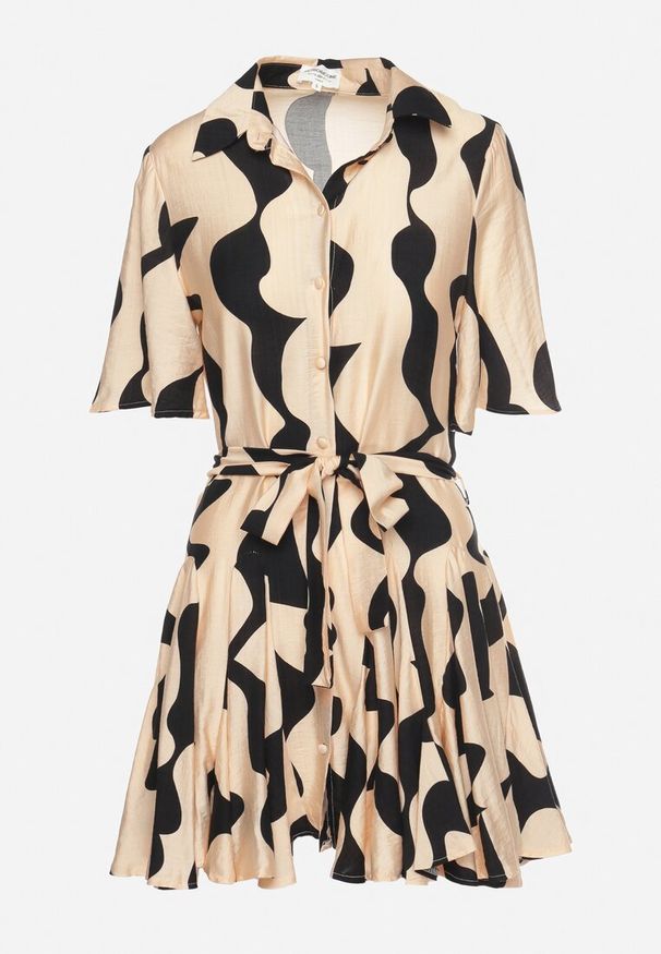 Born2be - Beżowo-Czarna Sukienka z Krótkim Rękawem, Zapinana na Guziki z Falbankami i Materiałowym Paskiem Mennasa. Okazja: na co dzień. Typ kołnierza: kołnierz z falbankami. Kolor: beżowy. Materiał: materiał. Długość rękawa: krótki rękaw. Styl: casual, elegancki, klasyczny