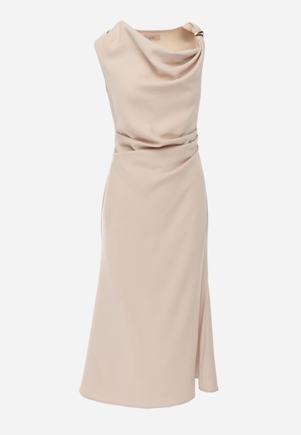 Renee - Beżowa Sukienka VICES z Metaliczną Ozdobą na Ramieniu Coraena. Okazja: na randkę. Kolor: beżowy. Wzór: aplikacja. Typ sukienki: asymetryczne. Styl: elegancki