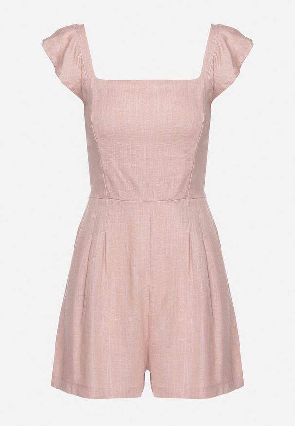 Born2be - Jasnoróżowy Kombinezon Bawełniany na Ramiączkach z Falbanką i Krótkimi Nogawkami Liadia. Kolor: różowy. Materiał: bawełna. Długość rękawa: na ramiączkach. Długość: krótkie. Styl: klasyczny