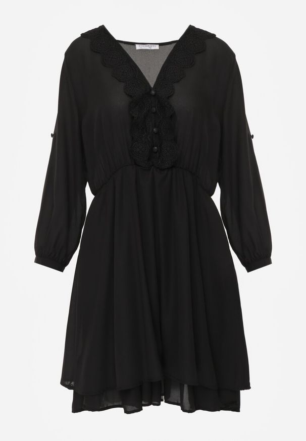 Renee - Czarna Sukienka Mini z Gumką w Talii i Koronkowymi Wstawkami Kelia. Okazja: na co dzień, na imprezę. Kolor: czarny. Materiał: koronka. Typ sukienki: proste. Styl: elegancki, casual. Długość: mini