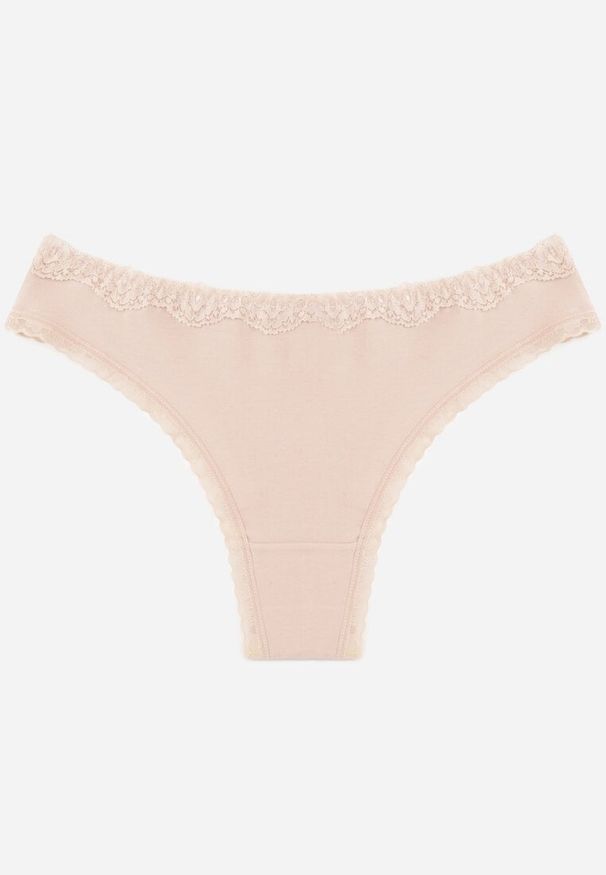 Born2be - Beżowe Majtki z Bawełną Typu Stringi Ozdobione Koronką Cirilise. Kolor: beżowy. Materiał: bawełna, koronka. Wzór: aplikacja, koronka