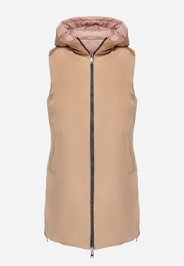 Born2be - Różowa Pikowana Kamizelka Dwustronna z Kapturem i Sznurkami Leorani. Okazja: na co dzień, na spacer. Typ kołnierza: kaptur. Kolor: różowy. Materiał: jeans. Styl: casual, sportowy