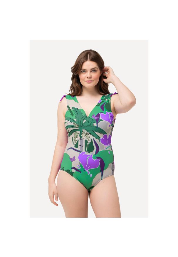 ULLA POPKEN - Damski Strój kąpielowy palma miękkie miseczki marszczona taśma na ramieniu. Kolekcja: plus size. Kolor: beżowy. Materiał: poliamid, materiał, elastan