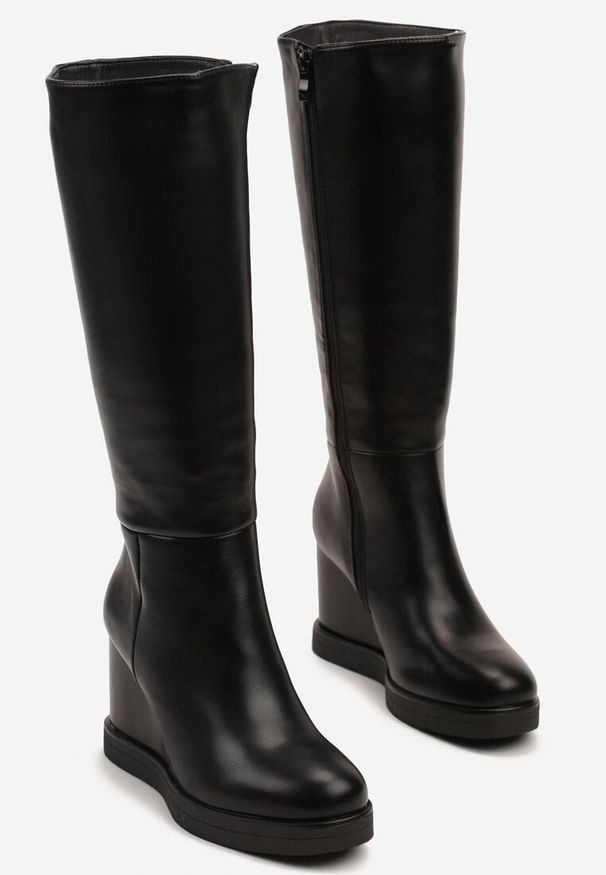 Born2be - Czarne Klasyczne Kozaki na Koturnie Narini. Okazja: na co dzień. Kolor: czarny. Materiał: dzianina. Obcas: na koturnie. Styl: klasyczny