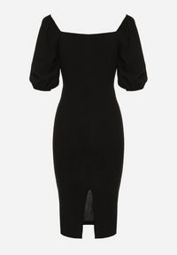 Born2be - Czarna Sukienka Dopasowana z Paskiem i Klamrą w Talii oraz Bufiastymi Rękawami Lurdia. Okazja: na wesele, na ślub cywilny. Kolor: czarny. Wzór: aplikacja. Styl: elegancki #2