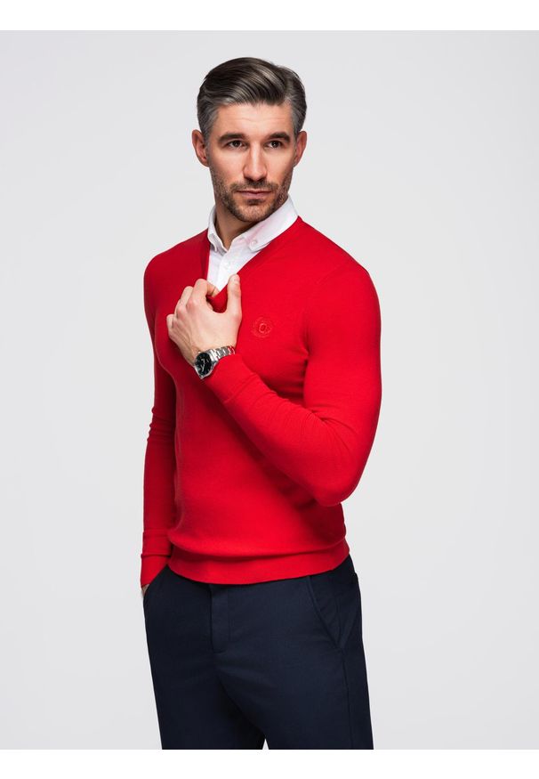 Ombre Clothing - Sweter męski z dekoltem "w serek" z koszulowym kołnierzykiem - czerwony V4 - Rozmiar: XXL. Typ kołnierza: dekolt w serek, kołnierzyk koszulowy. Kolor: czerwony. Materiał: bawełna, materiał, nylon. Styl: klasyczny