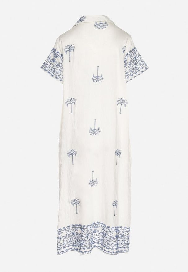 Born2be - Biała Pudełkowa Sukienka z Wiskozą o Koszulowym Kroju Zdobiona Haftem Sanori. Okazja: na co dzień. Kolor: biały. Materiał: wiskoza. Długość rękawa: krótki rękaw. Wzór: aplikacja, haft. Typ sukienki: koszulowe. Styl: casual, klasyczny