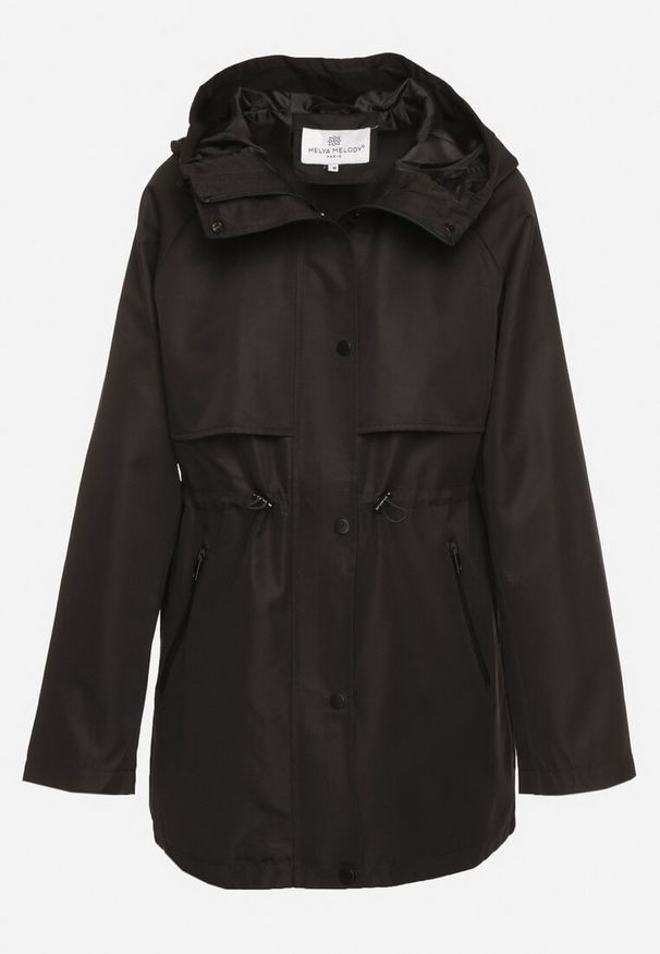 Born2be - Czarna Klasyczna Kurtka Parka z Kapturem i Ściągaczem w Pasie Cinelle. Okazja: na co dzień. Typ kołnierza: kaptur. Kolor: czarny. Materiał: skóra, jeans. Styl: klasyczny