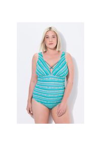 ULLA POPKEN - Damskie Strój kąpielowy paski miękkie miseczki ozdobne tasiemki. Kolekcja: plus size. Kolor: niebieski. Materiał: poliamid, poliester, materiał, elastan. Wzór: paski