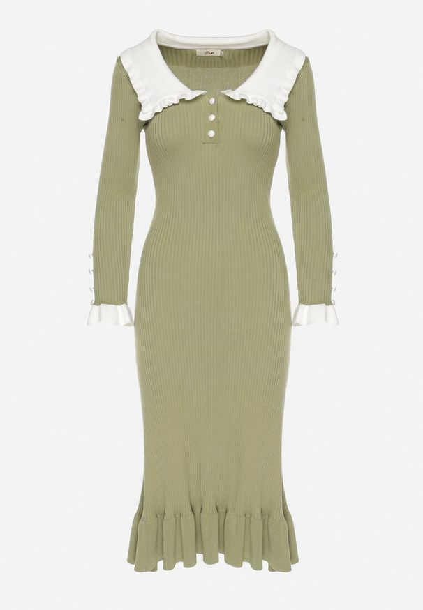 Born2be - Zielona Dzianinowa Sukienka Retro z Wiskozą z Kołnierzykiem i Falbanami Hanlira. Kolor: zielony. Materiał: dzianina, wiskoza. Styl: retro