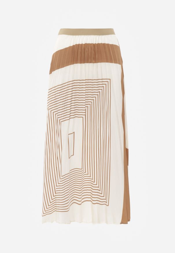 Renee - Beżowa Plisowana Spódnica z Gumką w Pasie Ozdobiona Geometrycznym Wzorem Jenessia. Kolor: beżowy. Wzór: aplikacja, geometria