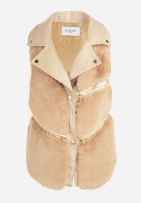 Born2be - Beżowa Kamizelka Futrzana Antedes. Kolor: beżowy. Materiał: futro. Długość rękawa: długi rękaw. Długość: długie. Wzór: aplikacja #2