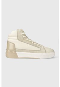 Calvin Klein sneakersy skórzane HIGH TOP LACE UP INV STITCH kolor beżowy HM0HM01164. Nosek buta: okrągły. Zapięcie: sznurówki. Kolor: beżowy. Materiał: skóra #1
