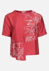 Born2be - Bordowa Bawełniana Bluzka T-shirt z Krótkim Rękawem z Nadrukiem i Guzikami Fiomara. Okazja: do pracy. Kolor: czerwony. Materiał: bawełna. Długość rękawa: krótki rękaw. Długość: krótkie. Wzór: nadruk #7