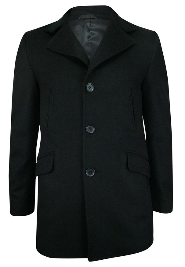 Płaszcz Czarny, Elegancki, Męski, Wełniany, Jednorzędowy, na Guziki, Jesienno-Zimowy -JaniMen. Kolor: czarny. Materiał: wełna. Sezon: zima, jesień. Styl: elegancki