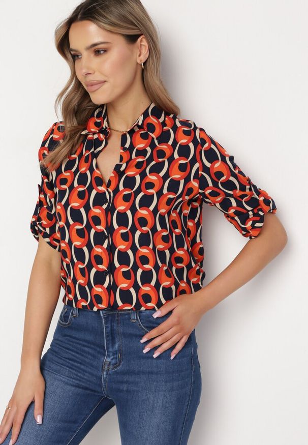 Born2be - Pomarańczowo-Czarna Koszula z Bawełny i Wiskozy z Rękawem 3/4 i Ozdobnym Wzorem Tinari. Kolor: pomarańczowy. Materiał: bawełna, wiskoza. Sezon: wiosna, lato
