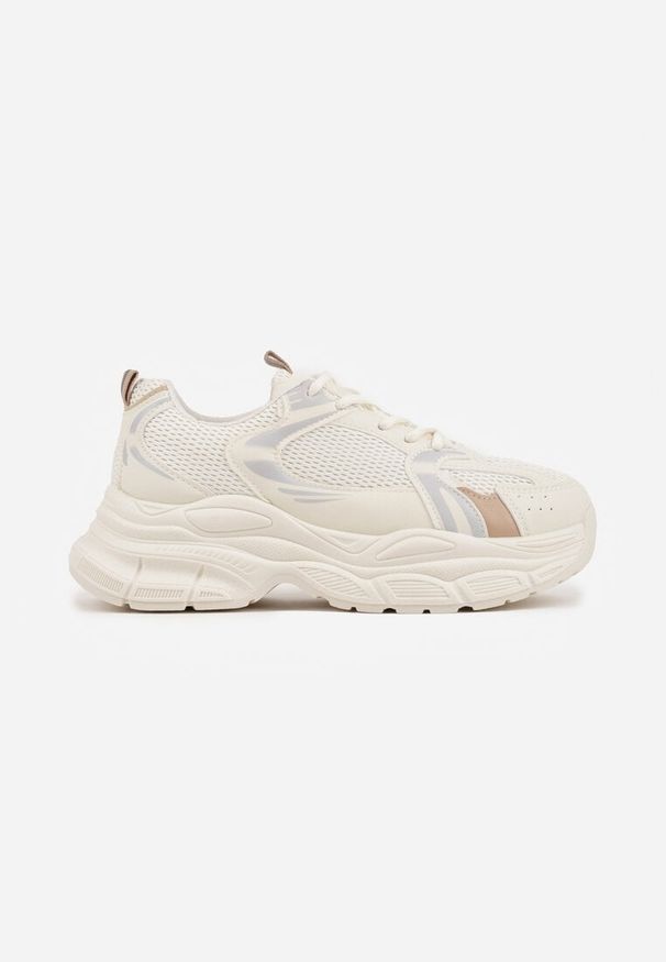 Renee - Beżowe Sneakersy VICES na Geometrycznej Platformie z Perforacją Elinata. Kolor: beżowy. Materiał: jeans. Wzór: geometria. Sezon: wiosna. Obcas: na platformie. Sport: joga i pilates