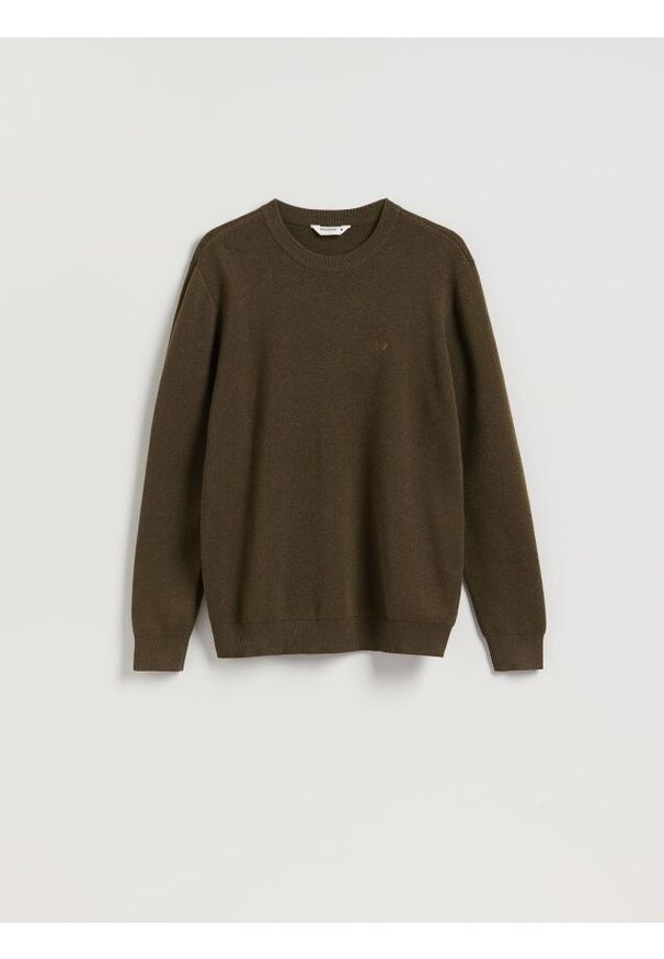 Reserved - Sweter z haftem - zielony. Kolor: zielony. Materiał: dzianina, bawełna. Wzór: haft