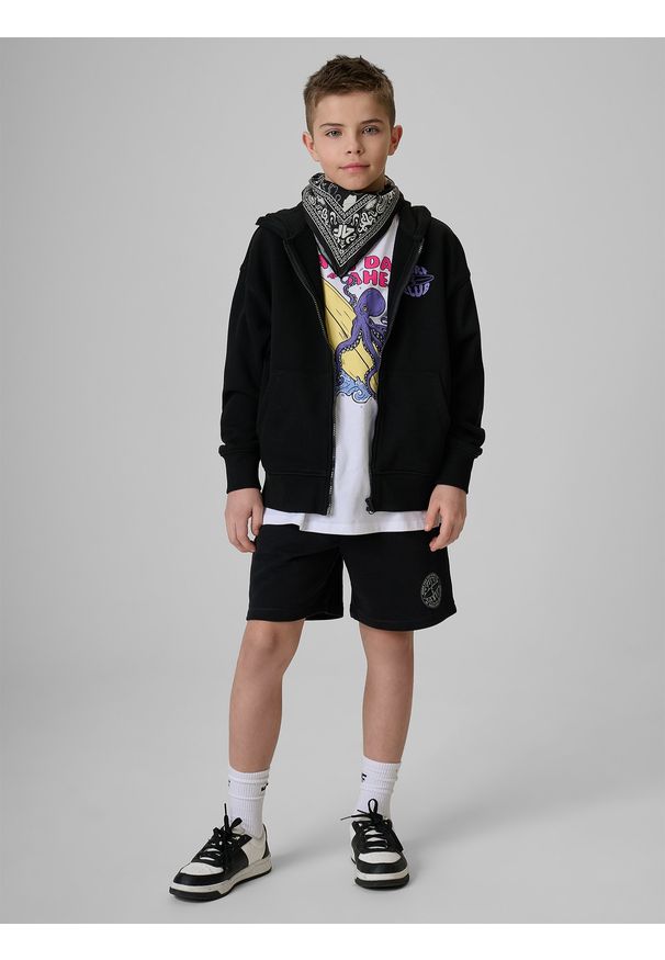 4f - 4F Bluza dresowa loose z kapturem chłopięca - czarna 146/152 (10-12 lat). Okazja: na co dzień, na uczelnię, na spacer. Typ kołnierza: kaptur. Kolor: czarny. Materiał: dresówka. Sezon: lato. Styl: casual