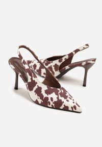 Renee - Brązowe Czółenka Sandały Slingback Vices w Krowie Łaty na Obcasie Typu Szpilka Tilionea. Okazja: na ślub cywilny, na wesele. Kolor: brązowy. Materiał: jeans. Obcas: na obcasie. Styl: elegancki. Wysokość obcasa: średni #2