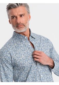 Ombre Clothing - Koszula męska SLIM FIT w print drobnych liści - jasnoniebieska V1. Okazja: na co dzień. Kolor: niebieski. Materiał: tkanina, skóra, bawełna. Wzór: nadruk. Styl: casual #5