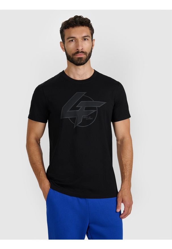 4f - 4F T-shirt regular z nadrukiem męski - czarny S. Kolor: czarny. Materiał: włókno, bawełna, skóra, materiał. Wzór: nadruk. Styl: klasyczny