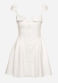 Born2be - Biała Rozkloszowana Sukienka z Ozdobnym Dekoltem i Guzikami Salasesia. Okazja: na co dzień. Typ kołnierza: dekolt kwadratowy. Kolor: biały. Styl: casual, elegancki #3