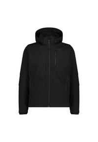 Kurtka turystyczna z kapturem zapinanym na zamek CMP. Typ kołnierza: kaptur. Kolor: czarny. Materiał: softshell. Sport: turystyka piesza