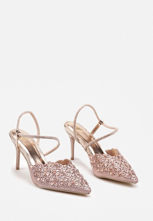 Renee - Szampańskie Sandały na Szpilce Slingback z Cyrkoniami Dimte. Okazja: na co dzień. Kolor: złoty. Wzór: aplikacja. Obcas: na szpilce. Styl: wizytowy, casual, elegancki. Wysokość obcasa: wysoki