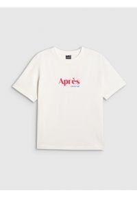 4f - 4F T-shirt boxy z nadrukiem damski - beżowy XS. Okazja: na co dzień. Kolor: beżowy. Materiał: dzianina, bawełna, materiał. Wzór: nadruk. Styl: casual #1