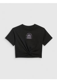 4f - 4F T-shirt oversize crop top z nadrukiem dziewczęcy - czarny 146 (10-11 lat). Kolor: czarny. Wzór: nadruk. Sezon: lato