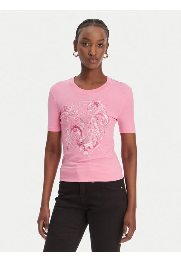 Versace Jeans Couture T-Shirt 80HAHE01 CJ02E Różowy Slim Fit. Kolor: różowy. Materiał: bawełna
