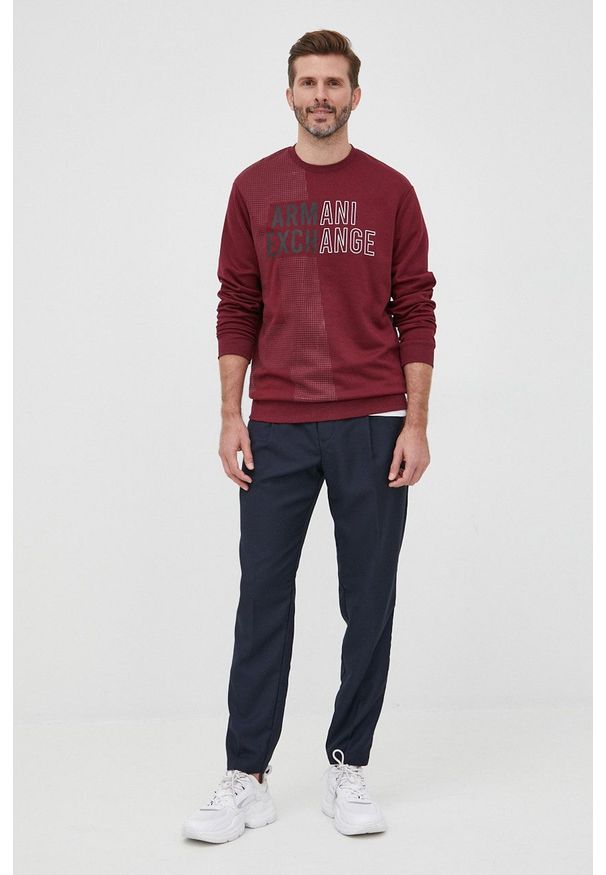 Armani Exchange bluza męska kolor bordowy z nadrukiem. Kolor: czerwony. Materiał: dzianina. Wzór: nadruk