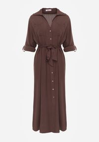 Born2be - Brązowa Bawełniana Sukienka Koszulowa z Paskiem i Regulowanymi Rękawami Sadevia. Okazja: do pracy, na co dzień, na spotkanie biznesowe, na spacer. Kolor: brązowy. Materiał: bawełna. Typ sukienki: koszulowe. Styl: elegancki, biznesowy, klasyczny, casual. Długość: midi #6