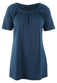 Shirt bawełniany z elastycznym dekoltem, krótki rękaw bonprix ciemnoniebieski. Kolor: niebieski. Materiał: bawełna. Długość rękawa: krótki rękaw. Długość: krótkie #1