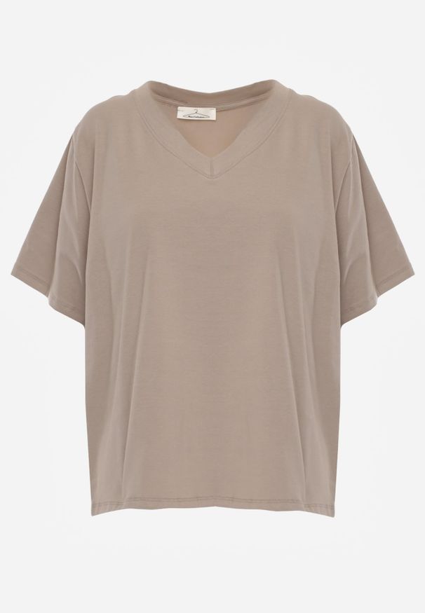 Renee - Beżowy T-shirt Bawełniany z Dekoltem w V Adozixie. Okazja: na co dzień. Kolor: beżowy. Materiał: bawełna. Styl: street, casual