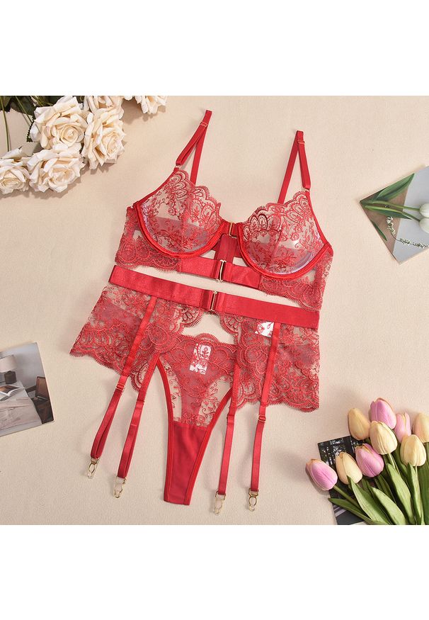 Intica - Komplet bielizny koronkowej z push-upem i pasem do pończoch Egypt. Kolor: czerwony. Materiał: koronka. Wzór: koronka
