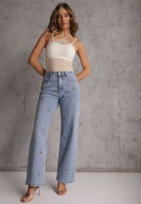 Renee - Niebieskie Szerokie Jeansy z Bawełną High Waist z Haftowanym Wzorem Donlopes. Okazja: na co dzień. Stan: podwyższony. Kolor: niebieski. Wzór: haft. Styl: casual #3