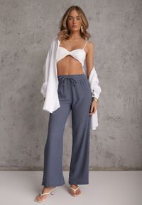 Renee - Niebieskie Teksturowane Spodnie Wide Leg z Wiązaniem w Talii Pirethei. Kolor: niebieski. Materiał: materiał. Styl: elegancki #1