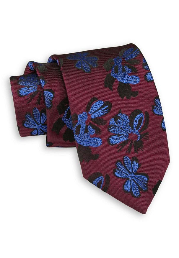 Ciemny Bordowy Elegancki Krawat -Chattier- 7cm, Męski, w Niebieskie Kwiatki. Kolor: czerwony, wielokolorowy, niebieski. Materiał: tkanina. Wzór: kwiaty. Styl: elegancki