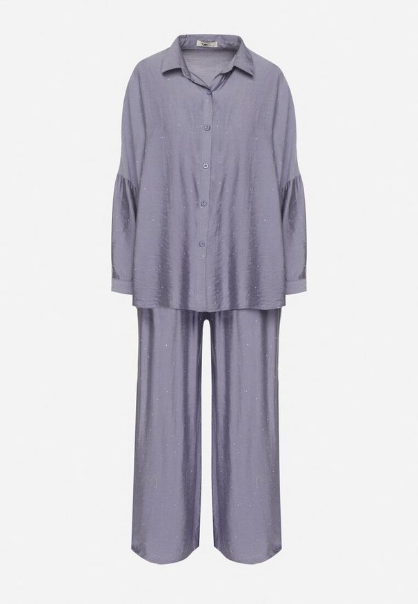 Born2be - Niebieski Komplet o Kroju Oversize Koszula i Spodnie Ulosarenia. Kolor: niebieski. Wzór: aplikacja