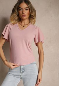 Renee - Różowa Bluzka Ozdobiona Rozkloszowanymi Rękawami Sunetha. Okazja: na co dzień. Typ kołnierza: dekolt w kształcie V. Kolor: różowy. Materiał: jeans. Wzór: aplikacja. Styl: elegancki, casual #3